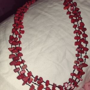 Natural Red Coral Beaded Three Strand Necklace W Matching Bracelet & Earrings